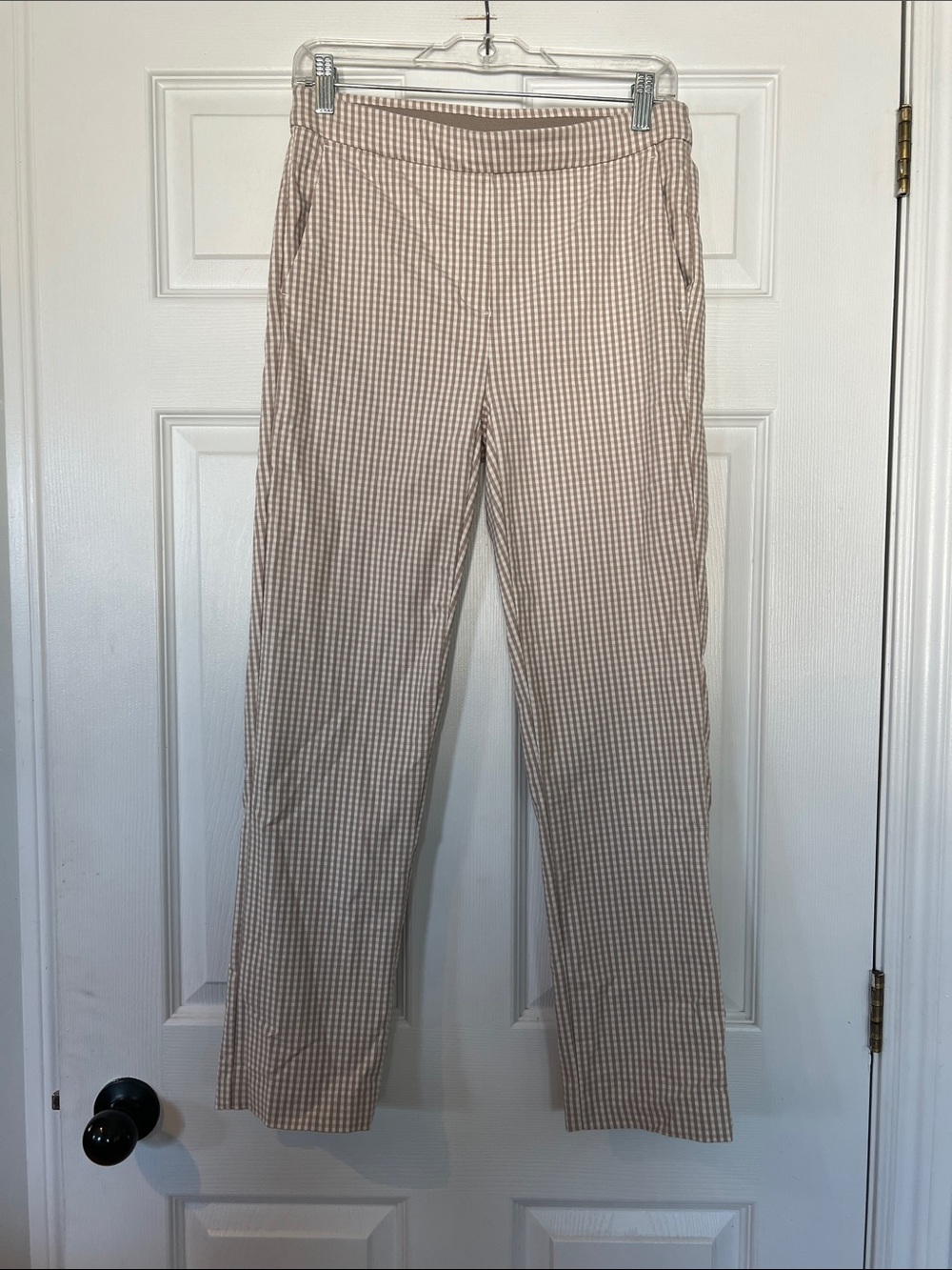 Nicole Miller Tan Gingham Straight-Leg Pants
